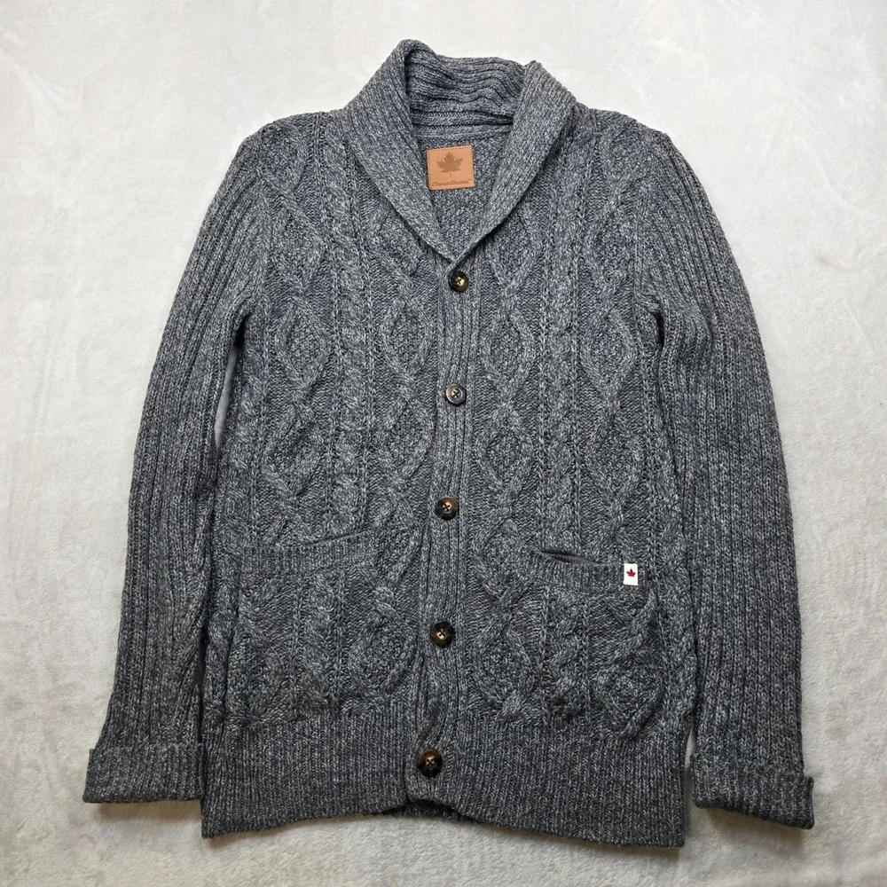 Canadiana Shawl Collar Cardigan‎ Sweater Mens Small Gray Cable Knit Chunky!